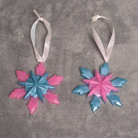 Handmade Snowflake Ornaments 4 in Pink & Blue Resin Glitter Ribbon Hangers - Picture 1 of 4